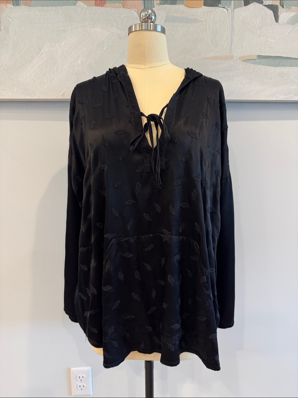 Johnny Was Black Hooded Pullover with Tie Neck Detail- size small but is BIG